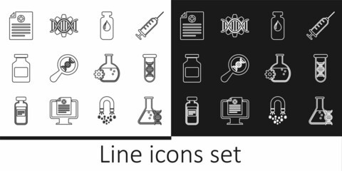 Set line DNA research, search, Medical vial, ampoule, Medicine bottle, Clinical record, Bioengineering and Genetic icon. Vector