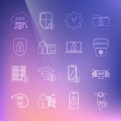 Set line Electric scooter, Computer api interface, Cooler bag, Time Management, Credit card with lock, Shield security, Cloud and Laptop and icon. Vector