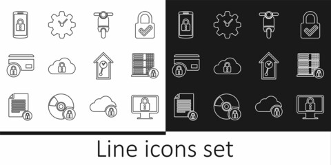 Set line Lock on monitor, Server security with lock, Scooter, Cloud computing, Credit card, Smartphone, Retro wall watch and Time Management icon. Vector