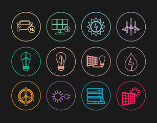 Set line Solar energy panel and sun, Water, Light bulb with leaf, wind turbine, Hydrogen car, light and icon. Vector