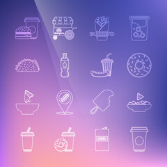 Set line Coffee cup, Nachos in plate, Donut, Burrito, Bottle water, Taco with tortilla, and burger and Soda hotdog icon. Vector