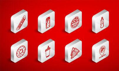 Set line Location with slice pizza, Burrito, Pizza, Bottle of water, Nachos, Hotdog sandwich, Glass and Donut icon. Vector