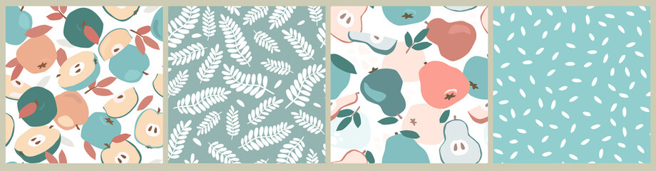 A set of seamless patterns with fruits and simple shapes. Apples and pears whole and slices natural print. Vector graphics.
