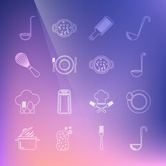 Set line Kitchen ladle, Washing dishes, Grater, Plate, fork and knife, whisk, and Cooking soup pot icon. Vector