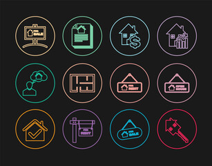 Set line House with key, Hanging sign Open house, dollar, plan, Man dreaming about buying, For Sale, Rent and contract icon. Vector