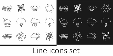 Set line Pinwheel, Storm, Cloud with snow and rain, snow, moon, Tornado swirl, lightning and icon. Vector