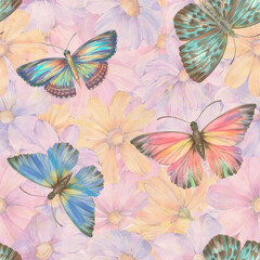 Fototapeta na wymiar Delicate flowers are painted with watercolors, digitally processed. Seamless ornament for wallpaper, print, wrapping paper, design, print. Botanical pattern of colorful flowers.