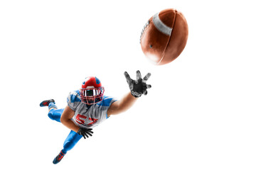 American football player catches the ball and flies in the air. Sportsman in action. Isolated on...