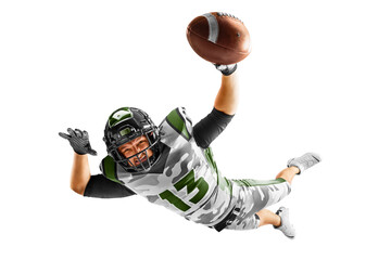 American football player in a jump, in flight. Professional athlete during the game, playing in...
