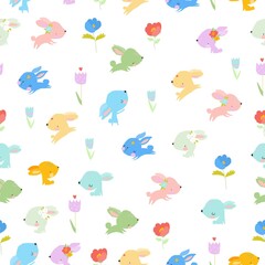 Seamless Pattern with Colorful Rabbits on White Background