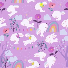 Seamless Pattern with Funny Rabbits, Blossom Trees and Rainbow