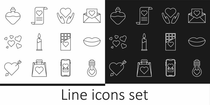 Set line Heart shape in light bulb, Smiling lips, hand, Burning candle, Bottle with love potion, Chocolate bar and Envelope Valentine heart icon. Vector