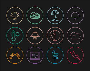 Set line Lightning bolt, Cloud, Sun protective umbrella for beach, Sunset, Meteorology thermometer, Sunrise, Eclipse of sun and Fog and cloud icon. Vector