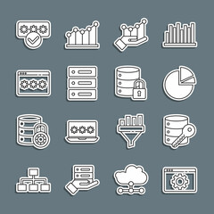 Set line Browser setting, Server security with key, Pie chart infographic, Server, Data, Web Hosting, Password protection, and lock icon. Vector