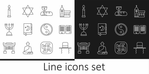 Set line Orthodox jewish hat with sidelocks, The commandments, First communion symbols, Holy book of Koran, Hanukkah menorah, Burning candle, Yin Yang and Star David icon. Vector