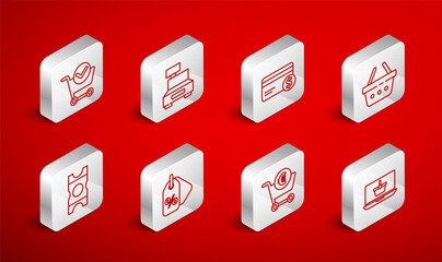 Set line Shopping basket on laptop, Cash register machine, Credit card and dollar, cart euro, with check mark, Discount percent tag and Coupon icon. Vector