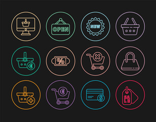 Set line Price tag with Sale, Handbag, text New, Discount percent, Shopping basket euro, Monitor shopping, Remove cart and Hanging sign Open icon. Vector