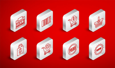 Set line Price tag with text New, Barcode, Shopping cart and dollar, basket, Free, building sale, Remove shopping and Shoping bag icon. Vector