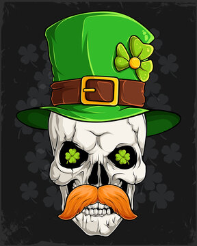 St Patrick's day Human skull head with leprechaun hat and Irish mustache