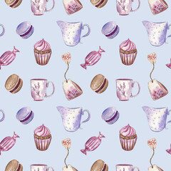 Sweet seamless pattern with milk, cup of tea, teabag, candy, macaroons and a cupcake. Elements are painted with watercolor, designed on baby blue background. 