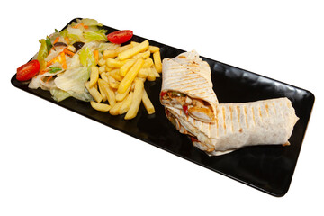 Chicken wrap presentation on a black plate