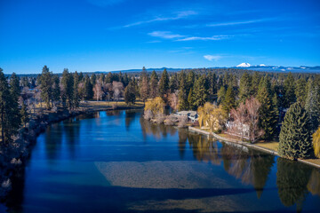 Aerial view of Mirror Pond on the Deschutes River in downtown Bend, Oregon.