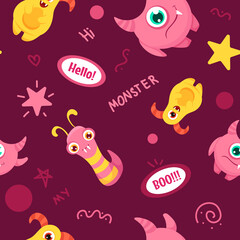 Cartoon seamless pattern with Cute Monsters for childen backgrounds, fabrics, textile graphics, prints. Flat Vector illustration