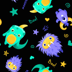 Seamless pattern with cute childish monsters. Can be used for kids textile print, fabric, nursery decoration and wrapping paper. Vector cartoon background