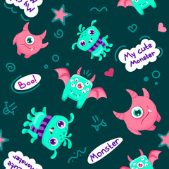 Cartoon seamless pattern with Cute Monsters for childen backgrounds, fabrics, textile graphics, prints. Flat Vector illustration