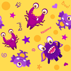 Seamless pattern with cute childish monsters. Can be used for kids textile print, fabric, nursery decoration and wrapping paper. Vector cartoon background