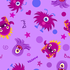 Seamless pattern with cute childish monsters. Can be used for kids textile print, fabric, nursery decoration and wrapping paper. Vector cartoon background