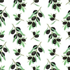 Seamless pattern with black olive branches
