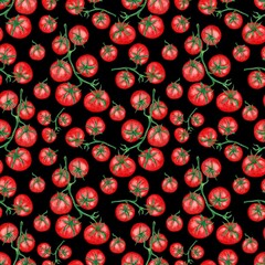 Seamless pattern with cherry tomatoes on black background 
