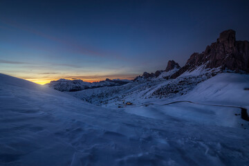 Sunset behind Mount Marmolada as seen from Passo Giau, in Cortina d'Ampezzo in the italian dolomites