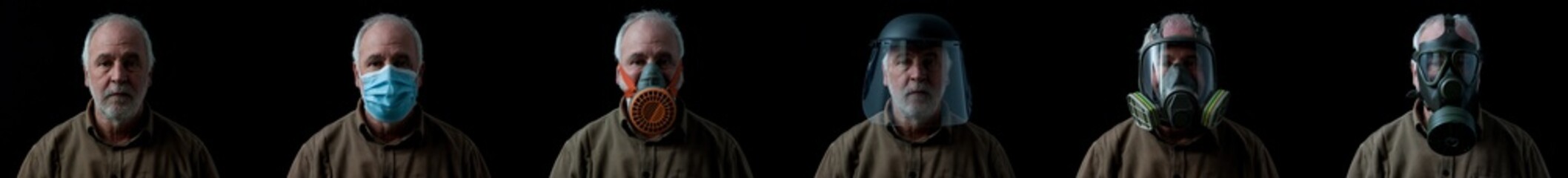 Protective masks. Portrait of an elderly man once without a protective mask and then with various...