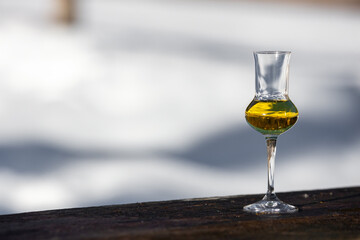Flavored Grappa (Schnapps) glass in Cortina d'Ampezzo, Dolomites, Italy