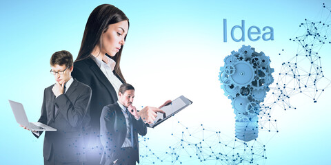 Attractive young european business people with polygonal mesh, cogwheel light bulb, devices and question marks on blue background. Idea, solution, teamwork and success concept. Double exposure.