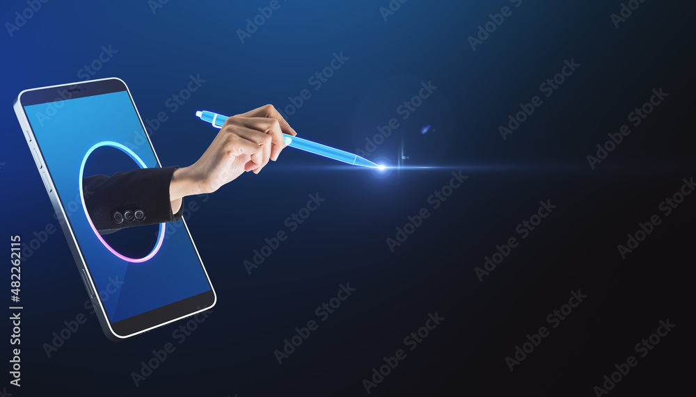 Aufkleber close up of businesswoman hand using digital pencil hologram to draw on dark blue background with mo