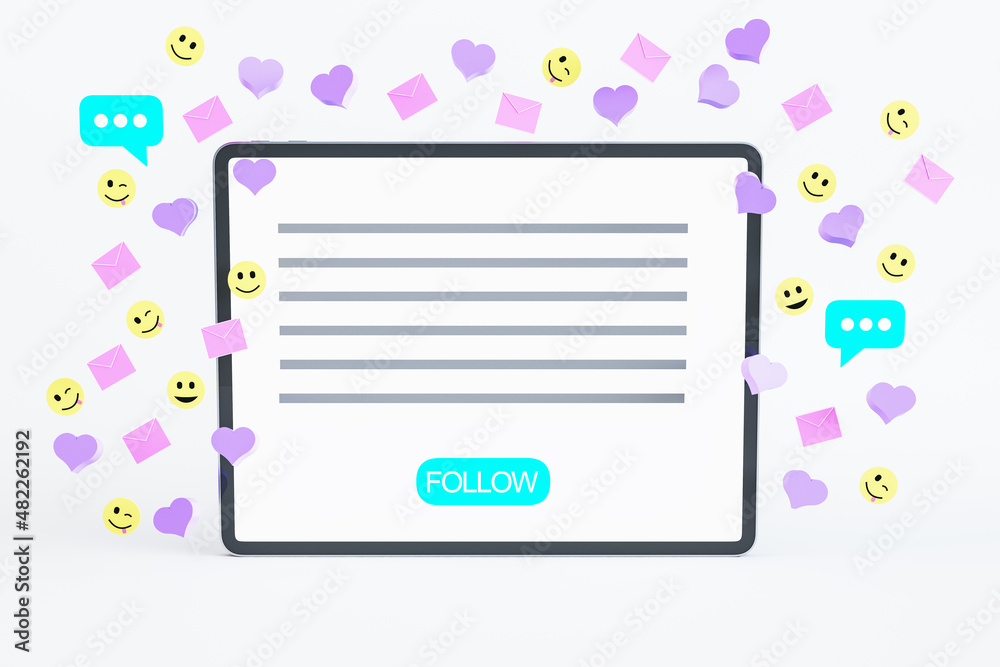 Poster Close up of white pad with colorful social media icons on light background. Communication, follow and connection concept. 3D Rendering.