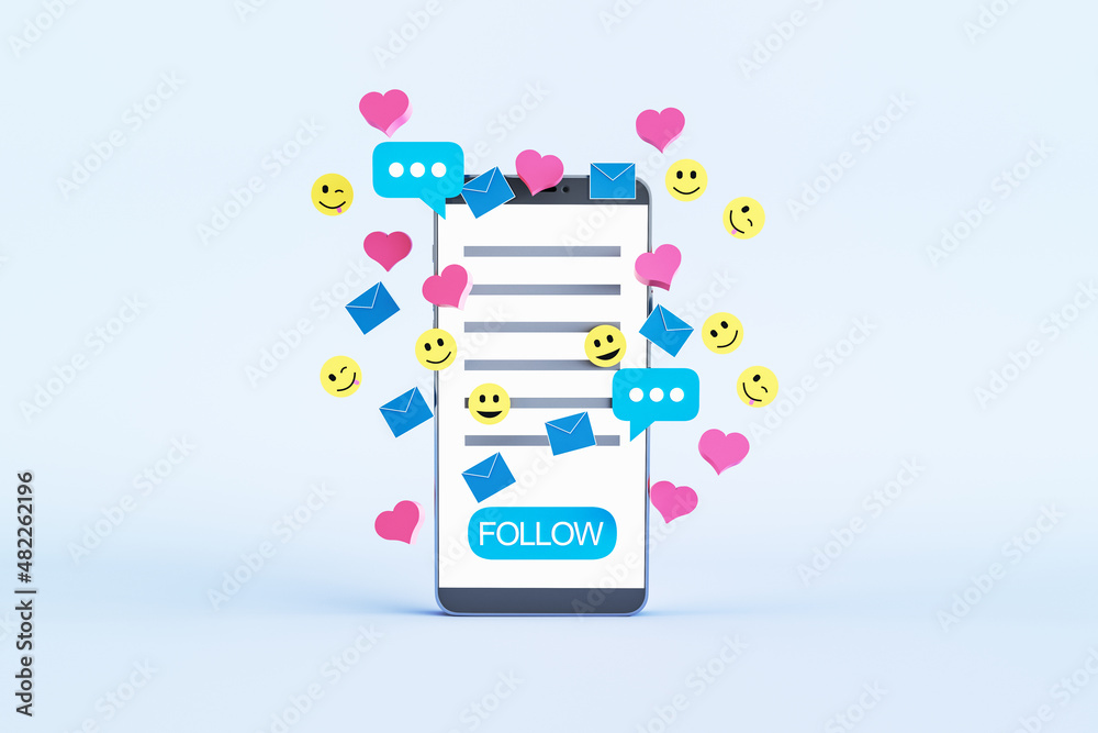 Poster Close up of white cellphone with colorful social media icons on light background. Communication, follow and connection concept. 3D Rendering.