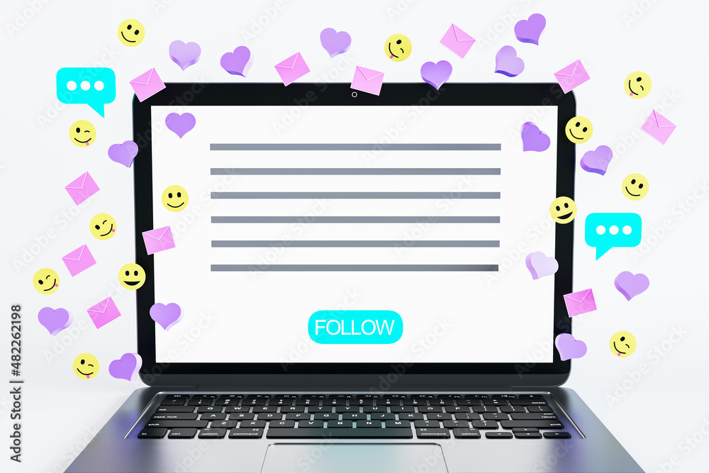 Poster Close up of white notebook with colorful social media icons on light background. Communication, follow and connection concept. 3D Rendering.