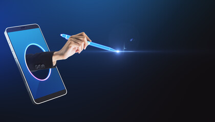 Close up of businesswoman hand using digital pencil hologram to draw on dark blue background with...
