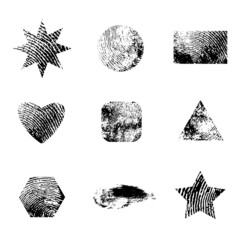 Set of geometric forms and symbols with grunge texture. Black and white. Isolated. Decoration elements. Vector illustration.