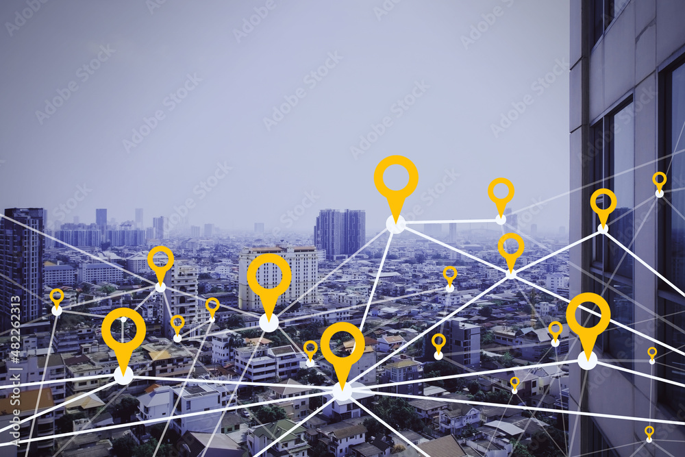 Poster Creative dawn city and sky wallpaper with digital map pointer connections and mock up place for your advertisement. Smart city, gps and navigation.