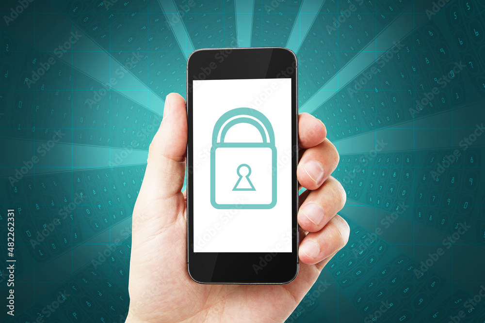 Poster close up of male hand holding smartphone with glowing padlock on coding background. digital safety, 