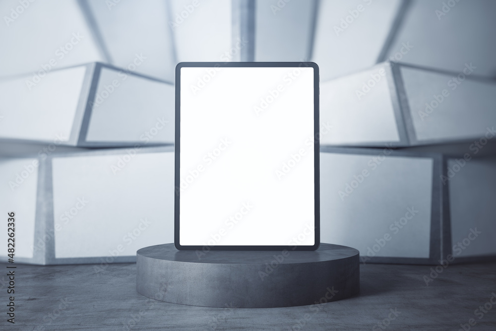 Poster Podium with empty white mock up screen digital tablet on abstract wall background. Product presentation concept. Device and technology concept. 3D Rendering.