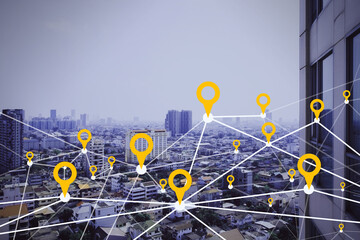 Creative dawn city and sky wallpaper with digital map pointer connections and mock up place for...