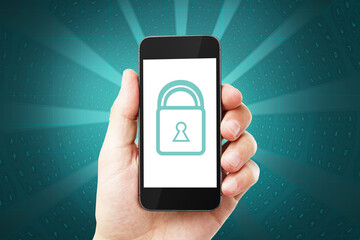 Close up of male hand holding smartphone with glowing padlock on coding background. Digital safety, security, antivirus and protection concept.