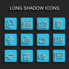 Set line Christmas sweater, Inukshuk, Beaver animal, Canada map, Flag of, Stone for curling, Canadian dollar and Tree stump icon. Vector