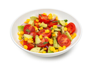 Avocado, tomato and corn salad in a white salad bowl isolated on white background.